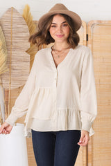 Nell Linen Top - A-Symmetric Detailed Button Down Shirt in Oat