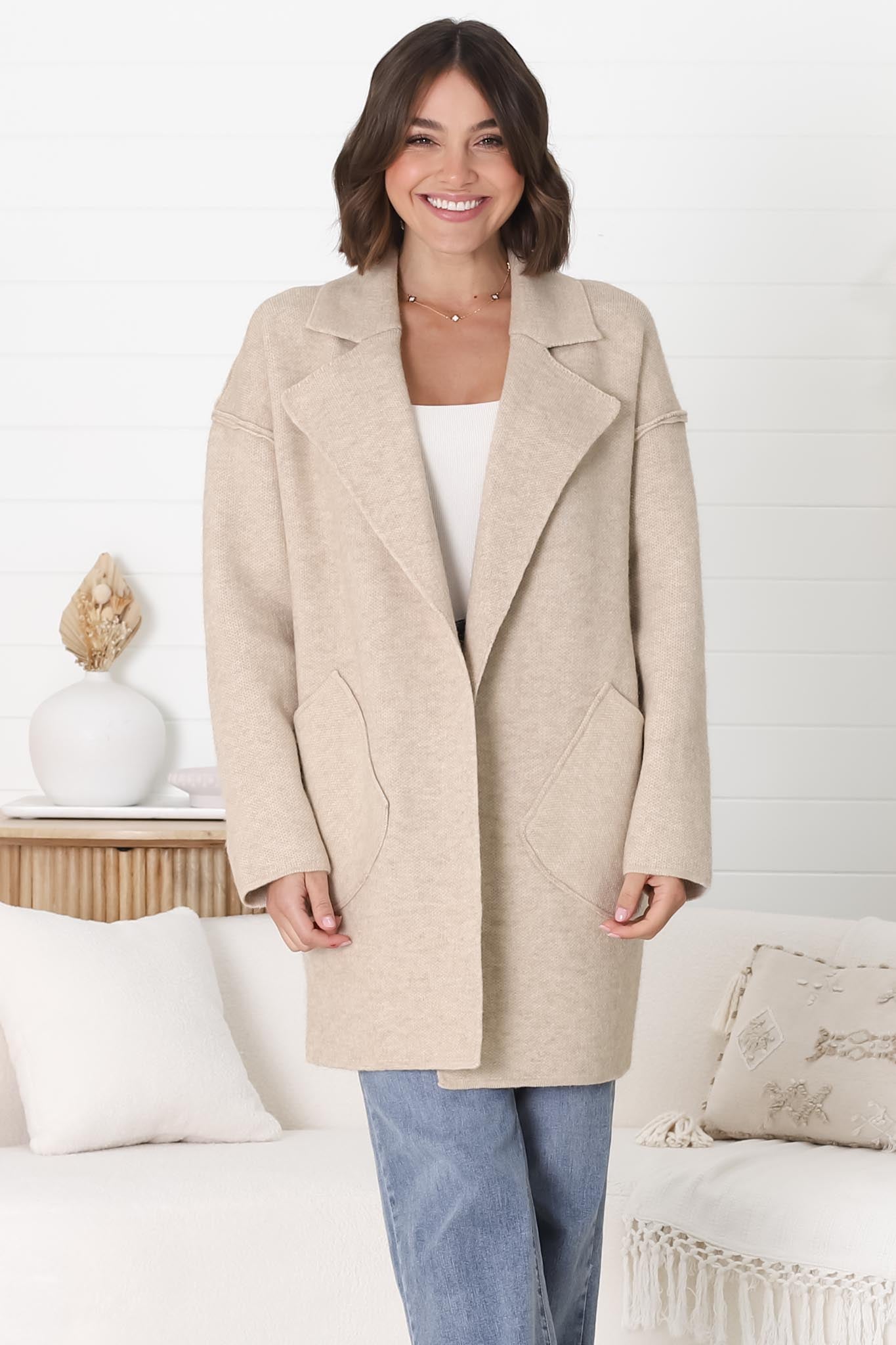 Kierce Cardigan - Folded Lapel Collar Coatigan with Pockets in Beige