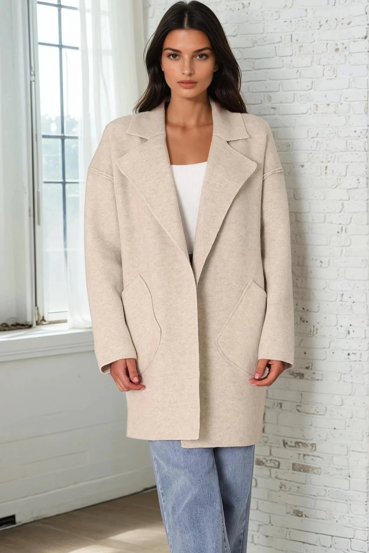 Kierce Cardigan - Folded Lapel Collar Coatigan with Pockets in Beige