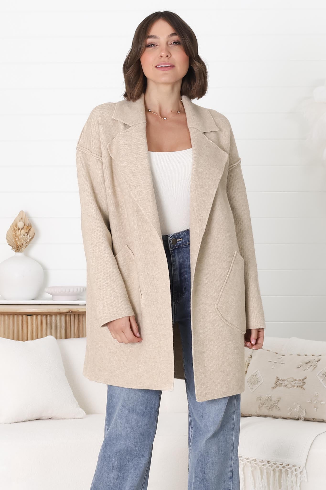 Kierce Cardigan - Folded Lapel Collar Coatigan with Pockets in Beige