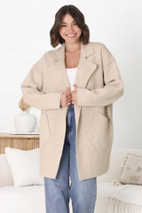 Kierce Cardigan - Folded Lapel Collar Coatigan with Pockets in Beige