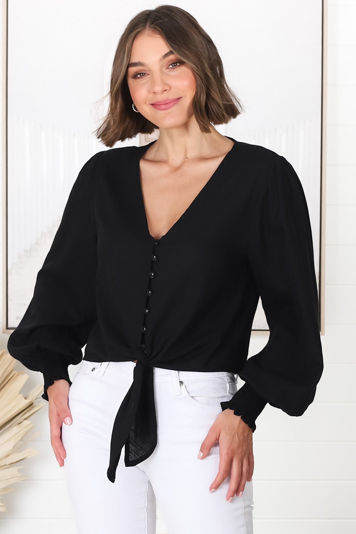 Amber Top - Button Down with Tie Detail Top in Black