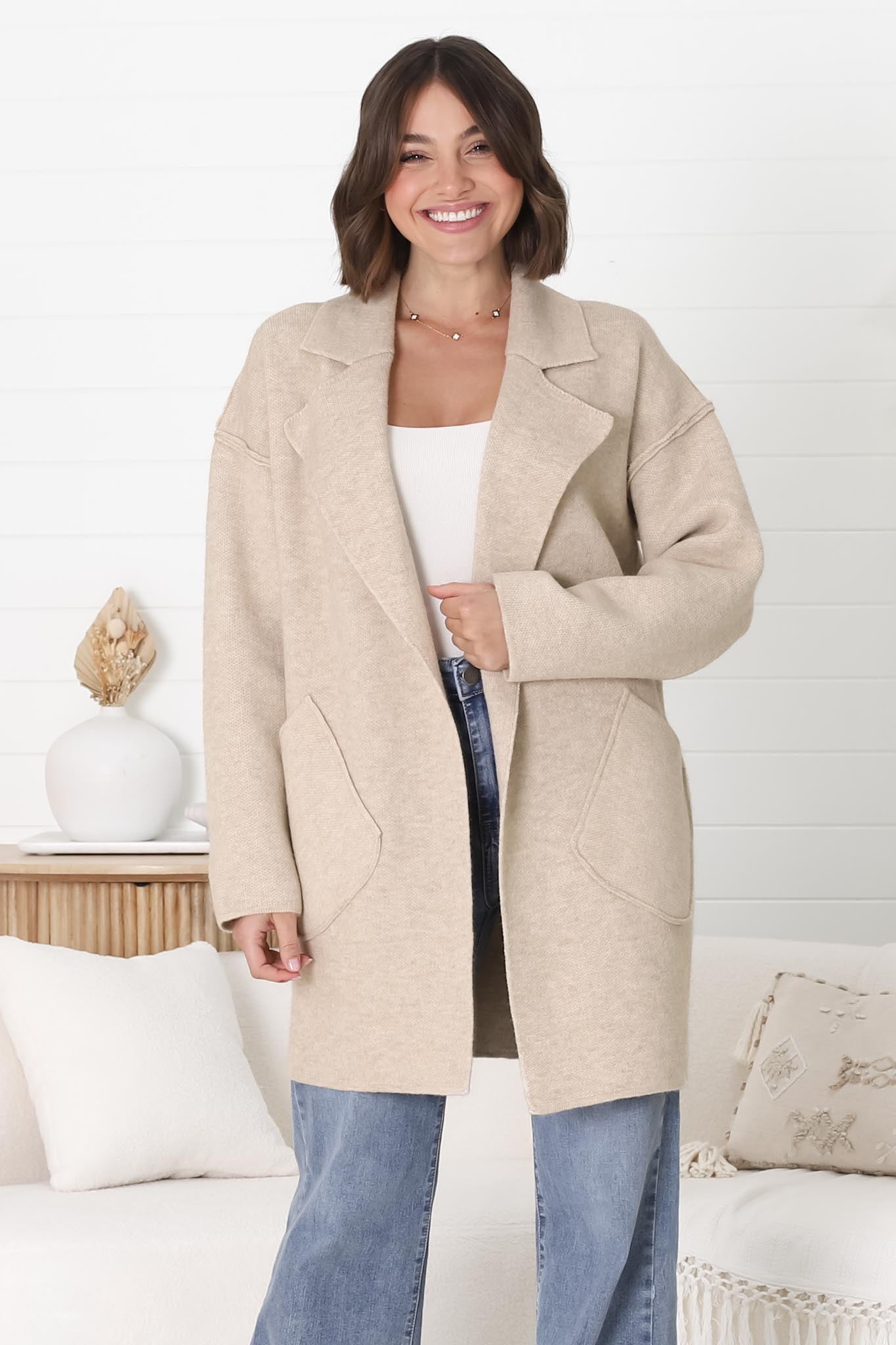 Kierce Cardigan - Folded Lapel Collar Coatigan with Pockets in Beige