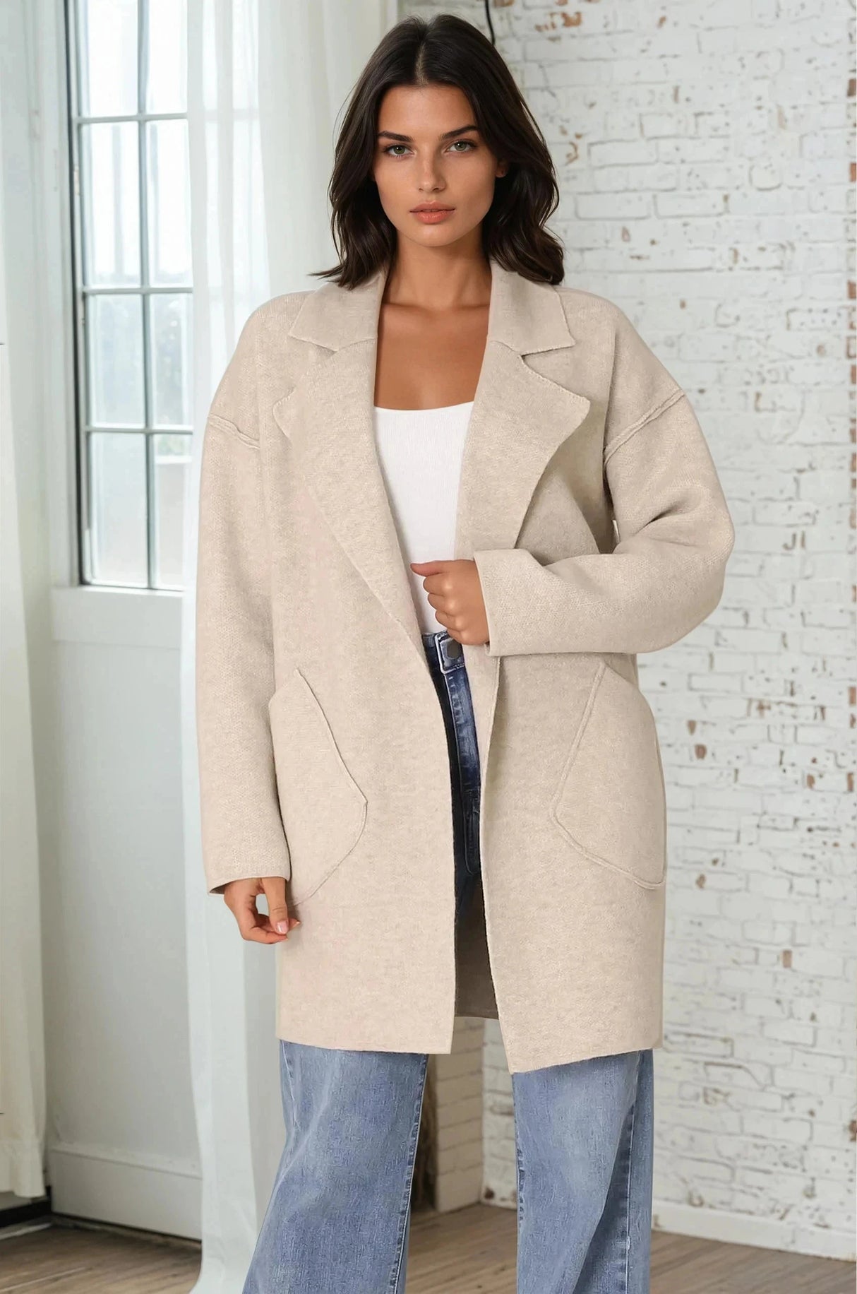 Kierce Cardigan - Folded Lapel Collar Coatigan with Pockets in Beige