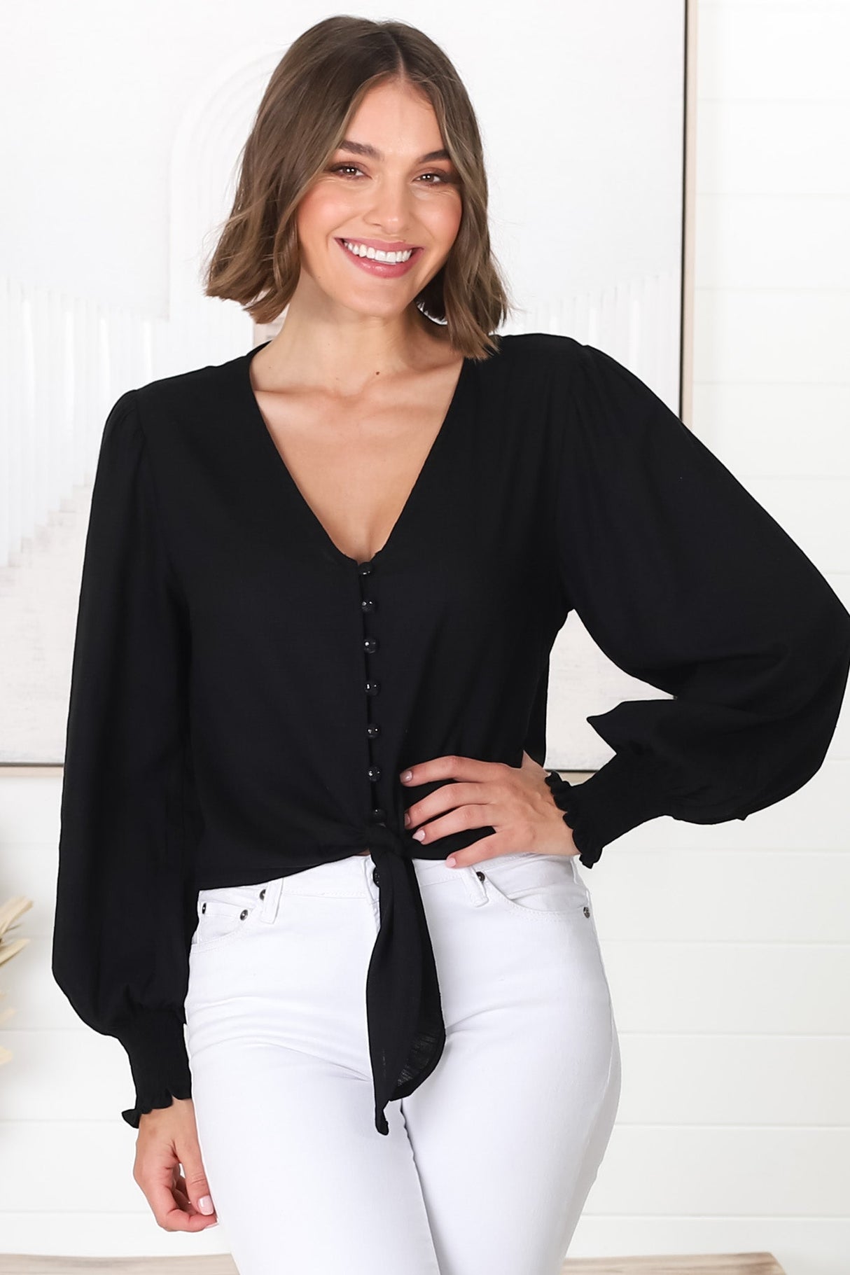 Amber Top - Button Down with Tie Detail Top in Black