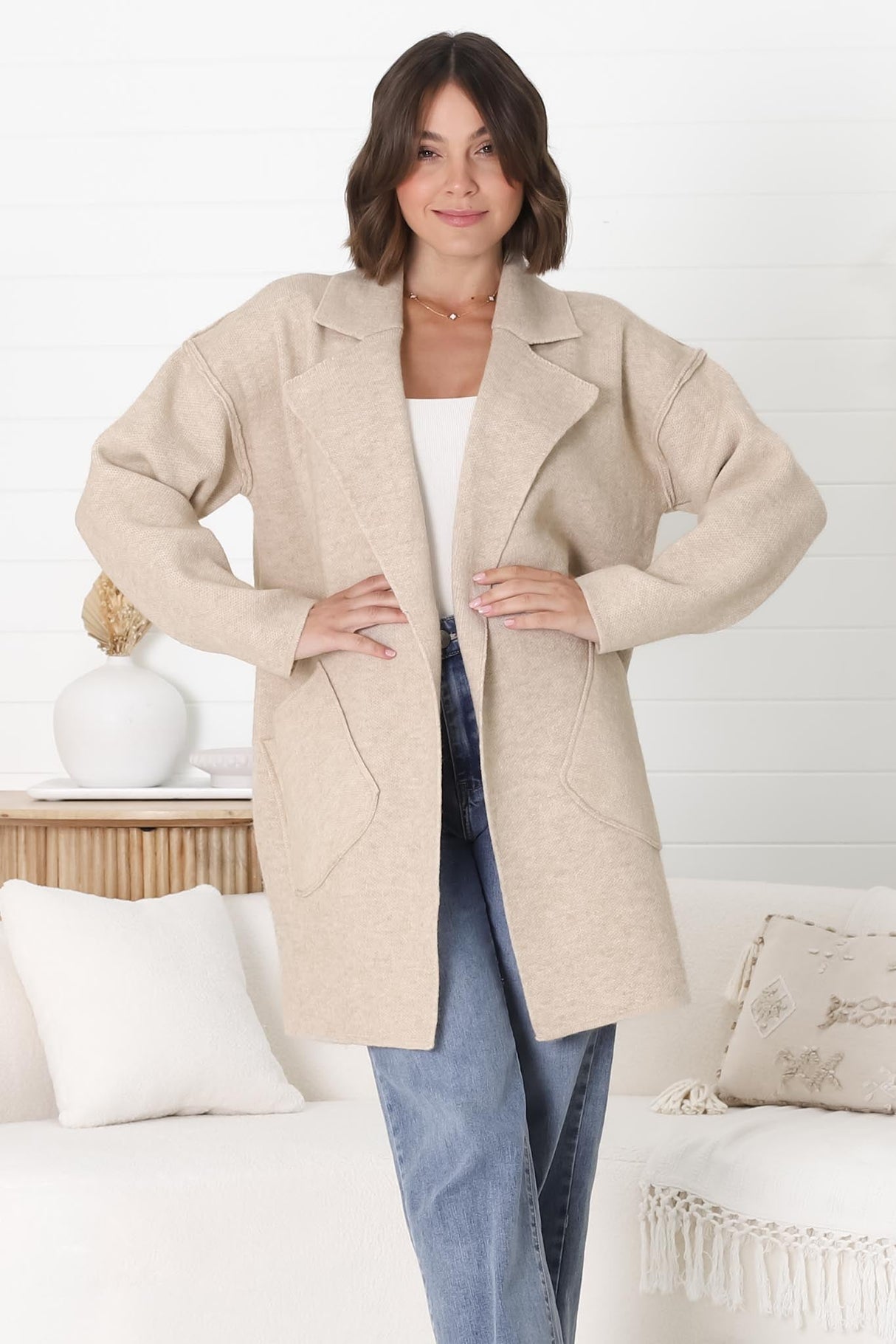 Kierce Cardigan - Folded Lapel Collar Coatigan with Pockets in Beige