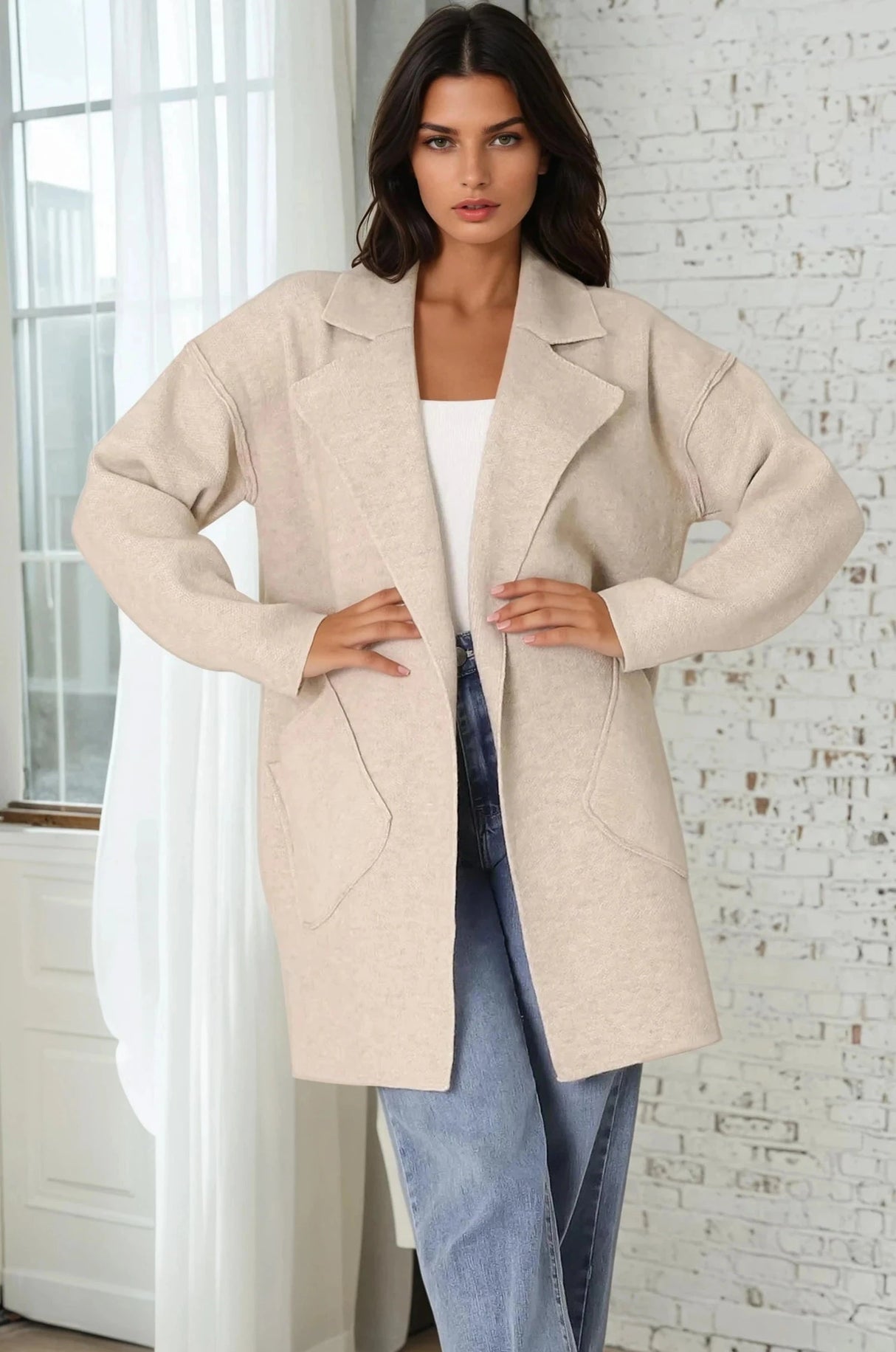 Kierce Cardigan - Folded Lapel Collar Coatigan with Pockets in Beige