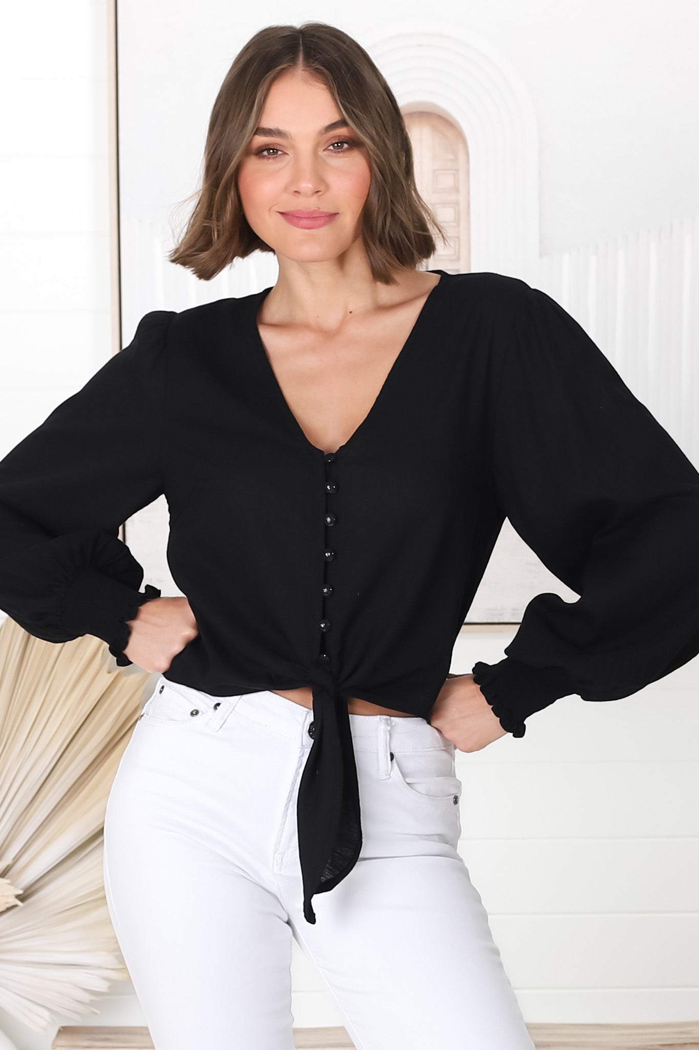 Amber Top - Button Down with Tie Detail Top in Black