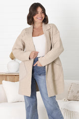 Kierce Cardigan - Folded Lapel Collar Coatigan with Pockets in Beige