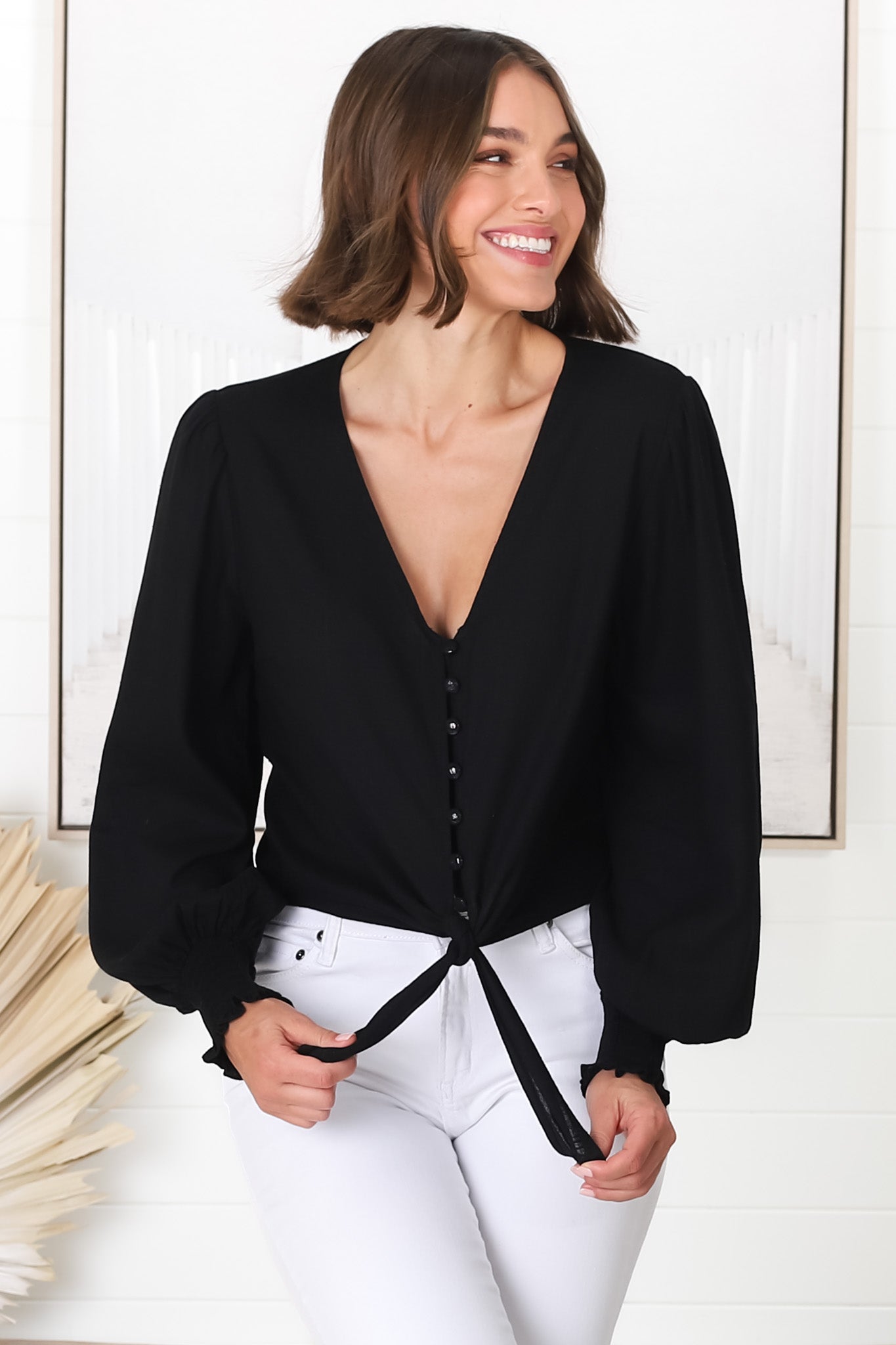 Amber Top - Button Down with Tie Detail Top in Black