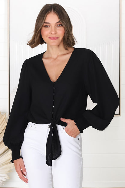 Amber Top - Button Down with Tie Detail Top in Black