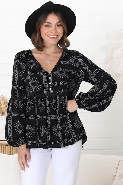 Hills Blouse - Buttoned Bodice Rick Rack Detail Smock Blouse in Astra Print Black