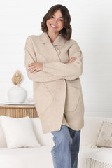 Kierce Cardigan - Folded Lapel Collar Coatigan with Pockets in Beige