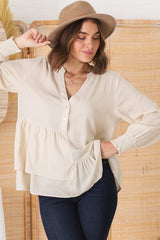 Nell Linen Top - A-Symmetric Detailed Button Down Shirt in Oat