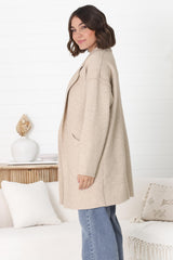 Kierce Cardigan - Folded Lapel Collar Coatigan with Pockets in Beige