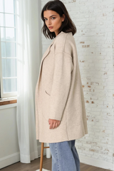 Kierce Cardigan - Folded Lapel Collar Coatigan with Pockets in Beige