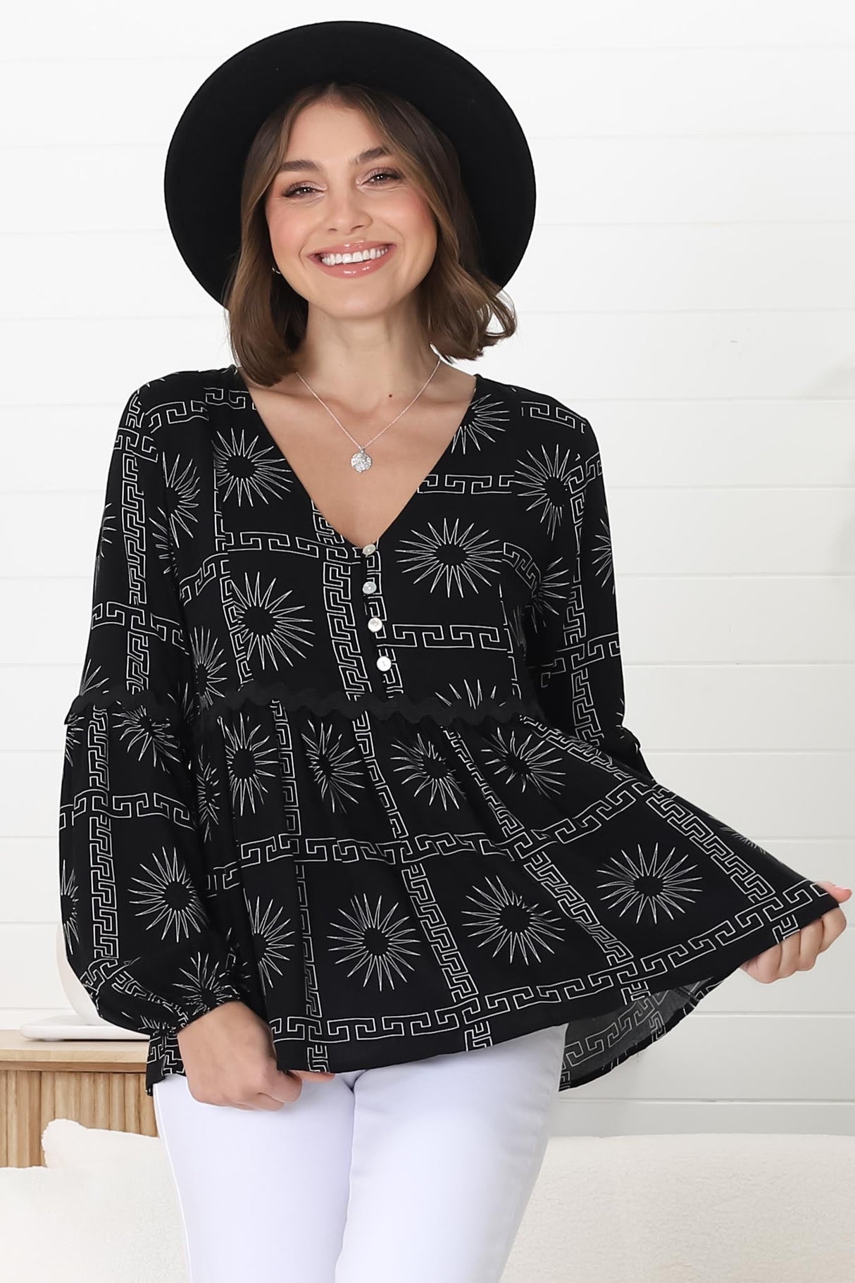 Hills Blouse - Buttoned Bodice Rick Rack Detail Smock Blouse in Astra Print Black