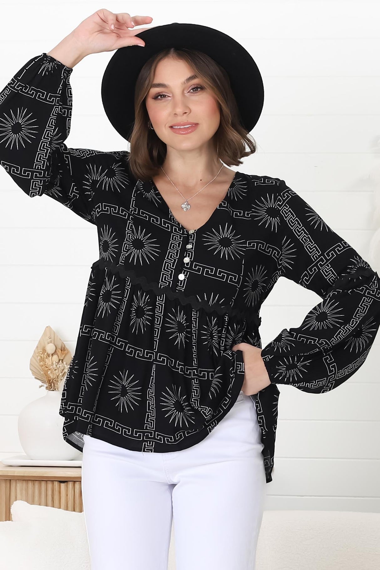 Hills Blouse - Buttoned Bodice Rick Rack Detail Smock Blouse in Astra Print Black