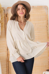 Nell Linen Top - A-Symmetric Detailed Button Down Shirt in Oat