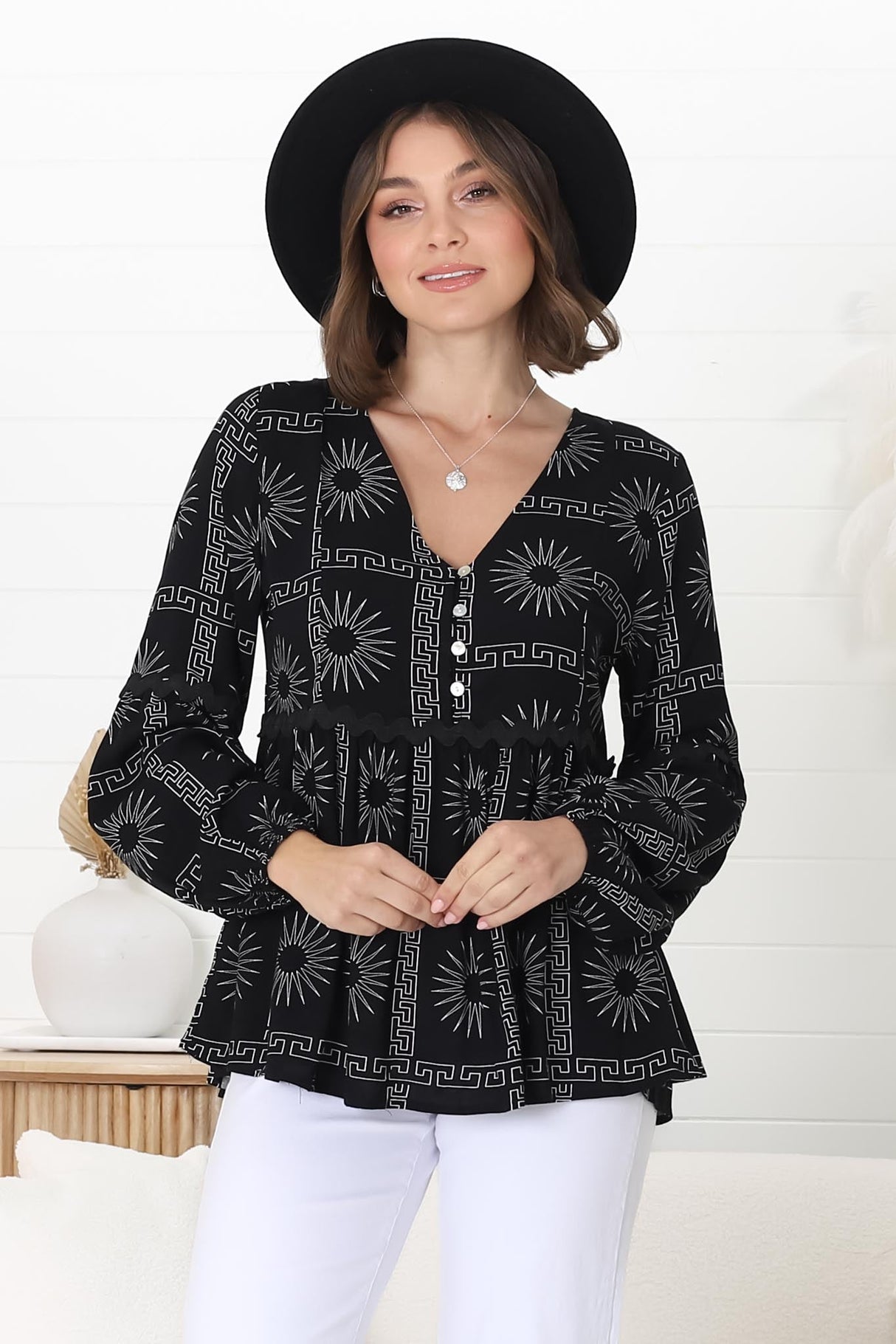 Hills Blouse - Buttoned Bodice Rick Rack Detail Smock Blouse in Astra Print Black