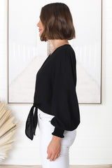 Amber Top - Button Down with Tie Detail Top in Black