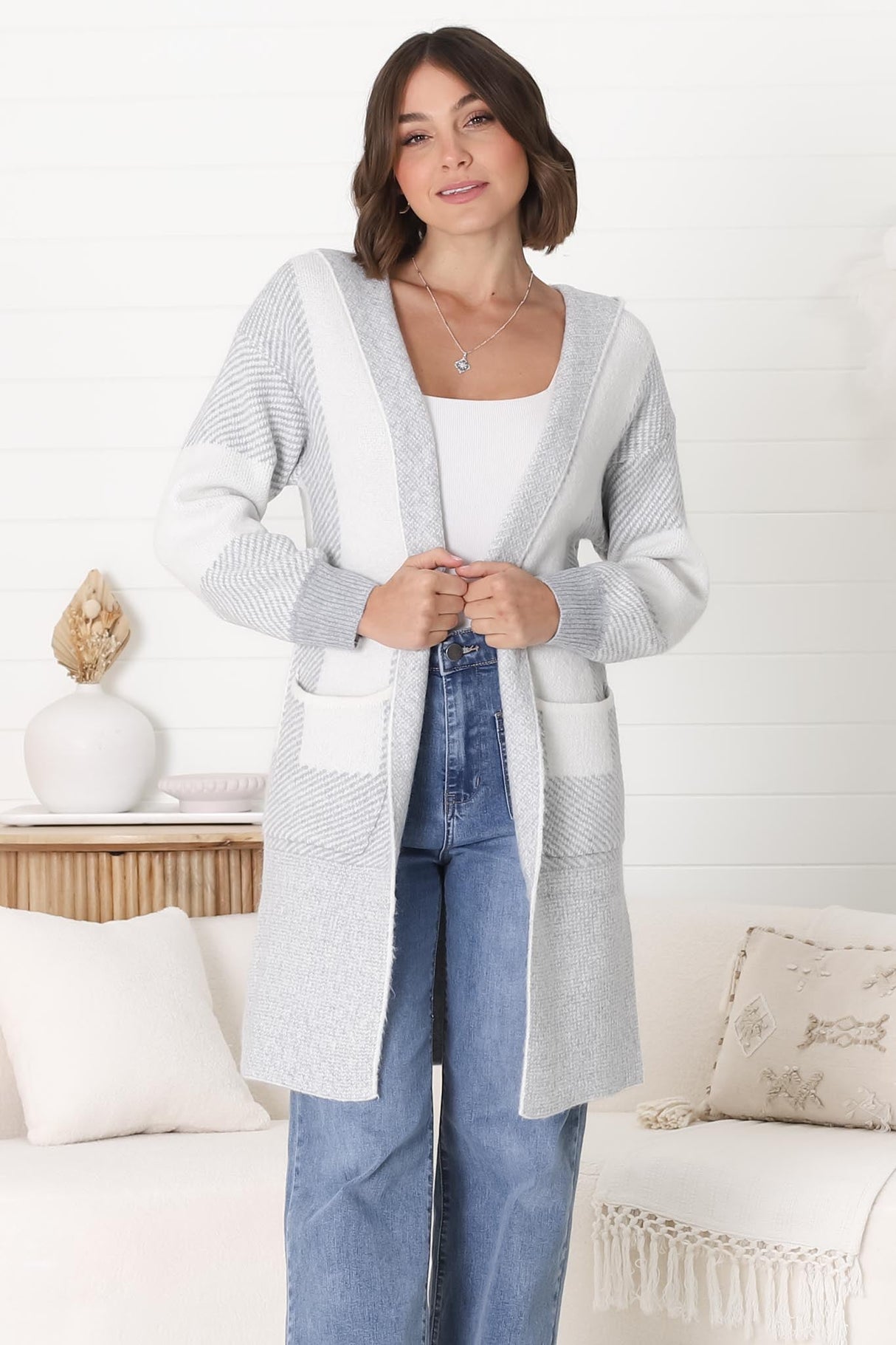 Cristo Cardigan - Colour Block Herringbone Open Knit with Balloon Sleeves in Grey