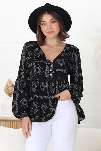 Hills Blouse - Buttoned Bodice Rick Rack Detail Smock Blouse in Astra Print Black