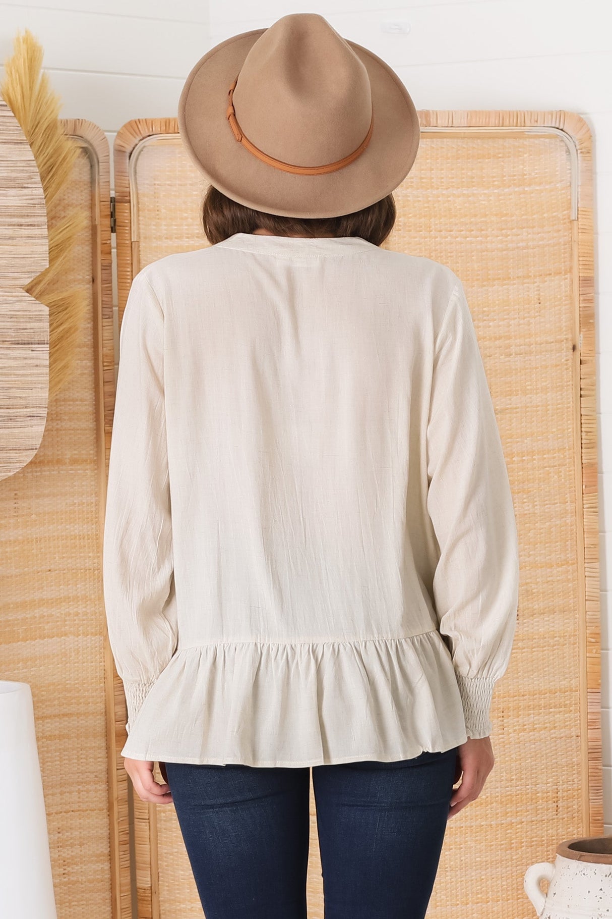 Nell Linen Top - A-Symmetric Detailed Button Down Shirt in Oat