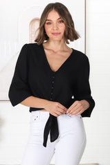 Amber Top - Button Down with Tie Detail Top in Black