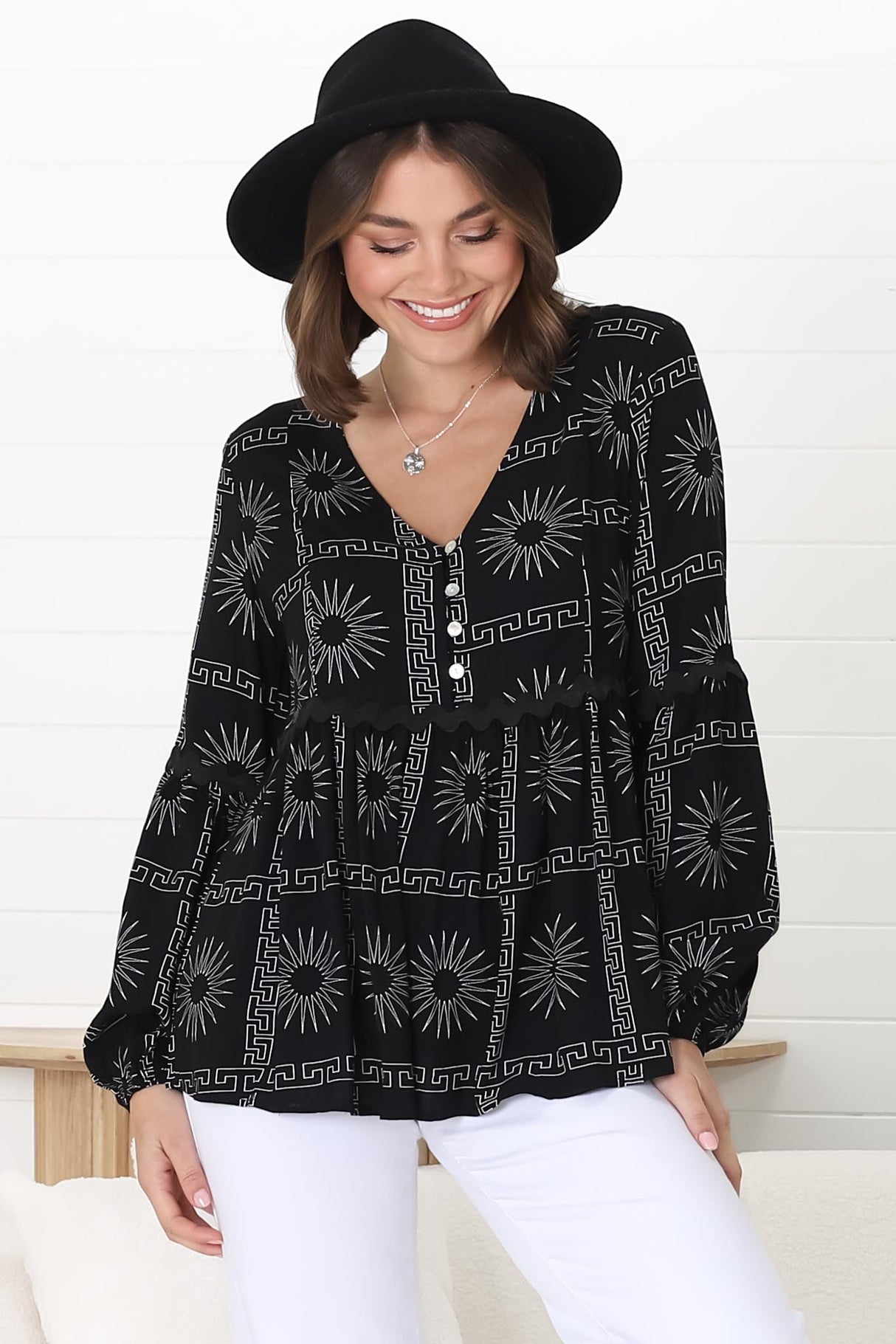 Hills Blouse - Buttoned Bodice Rick Rack Detail Smock Blouse in Astra Print Black