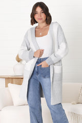 Cristo Cardigan - Colour Block Herringbone Open Knit with Balloon Sleeves in Grey