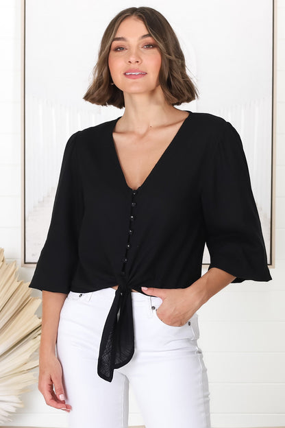 Amber Top - Button Down with Tie Detail Top in Black