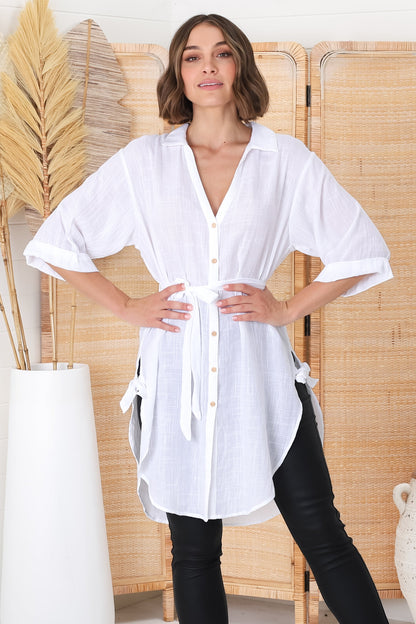 Rylee Tunic - Long Line Button Down Tunic in White