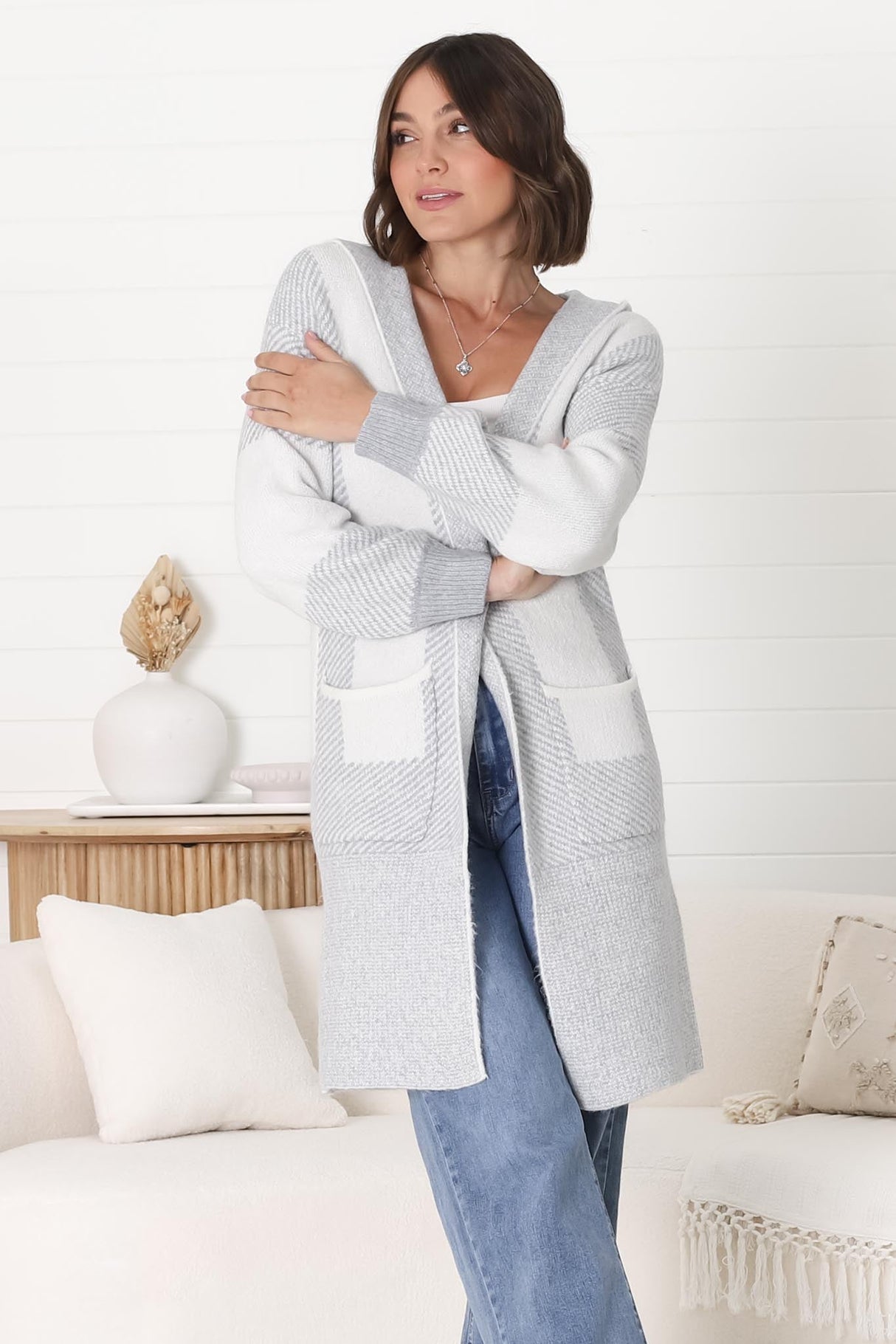 Cristo Cardigan - Colour Block Herringbone Open Knit with Balloon Sleeves in Grey