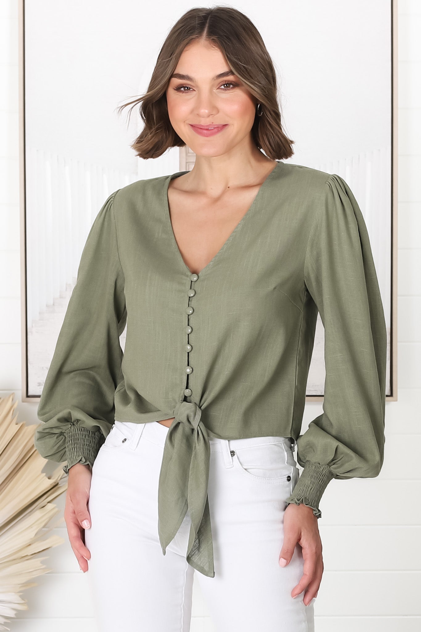 Amber Top - Button Down with Tie Detail Top in Green