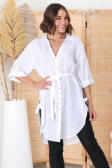 Rylee Tunic - Long Line Button Down Tunic in White