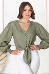 Amber Top - Button Down with Tie Detail Top in Green