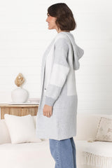 Cristo Cardigan - Colour Block Herringbone Open Knit with Balloon Sleeves in Grey