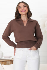 Jamerson Jumper - Collared V Neck Ribbed Hem Jumper in Brown