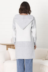 Cristo Cardigan - Colour Block Herringbone Open Knit with Balloon Sleeves in Grey