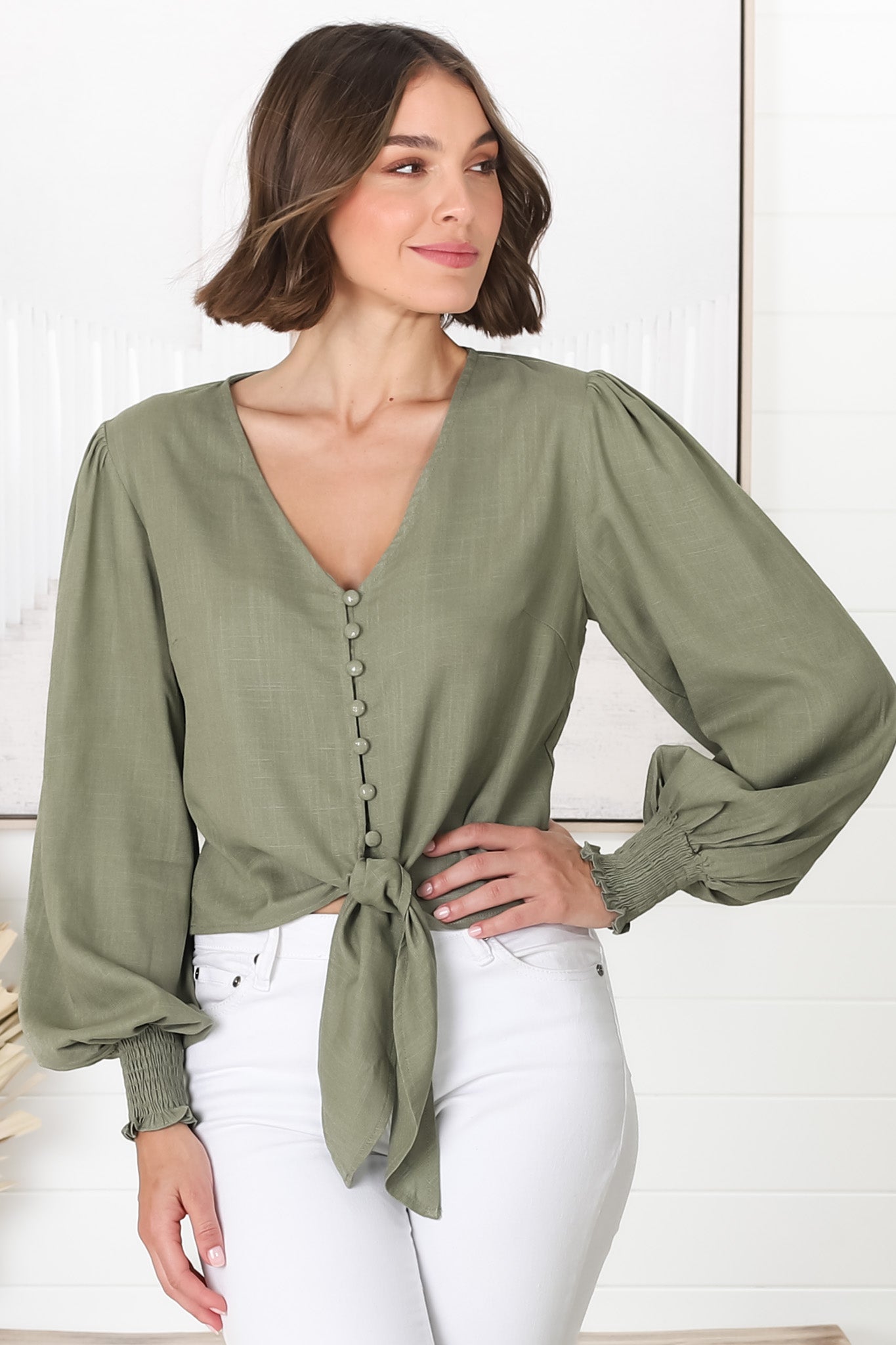 Amber Top - Button Down with Tie Detail Top in Green