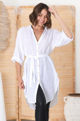 Rylee Tunic - Long Line Button Down Tunic in White