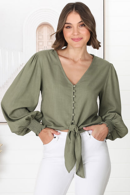 Amber Top - Button Down with Tie Detail Top in Green