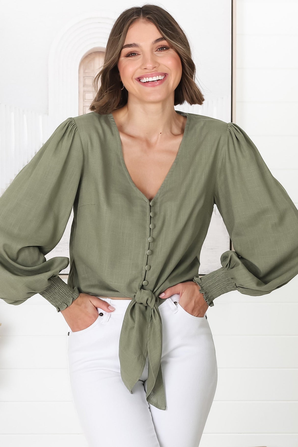 Amber Top - Button Down with Tie Detail Top in Green