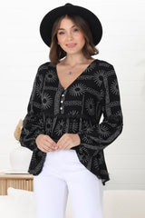 Hills Blouse - Buttoned Bodice Rick Rack Detail Smock Blouse in Astra Print Black