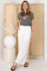 Leslie Linen Pants - Lined Linen Elasticated Waist Straight Leg Pants in White