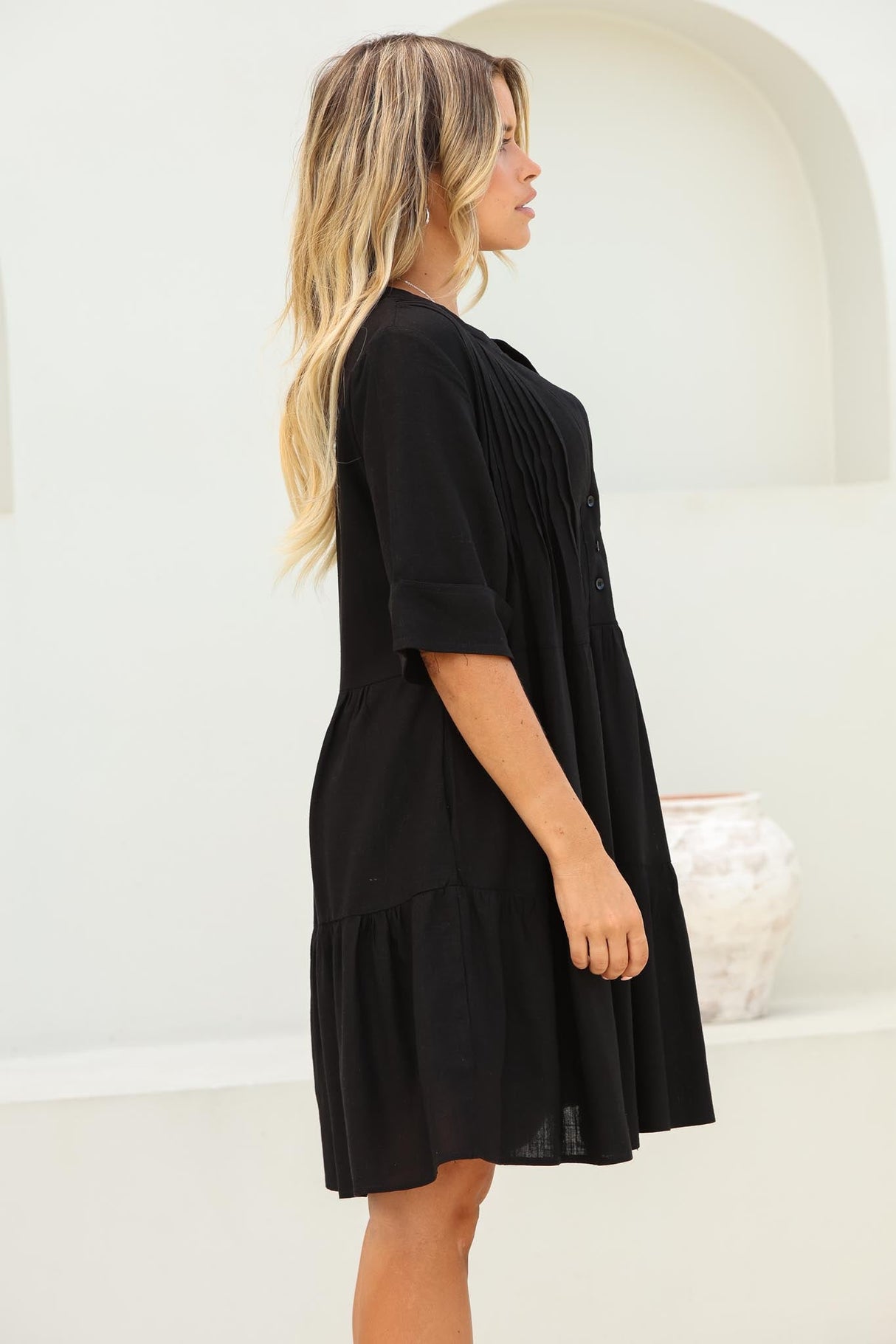 Ayva Mini Dress - 3/4 Sleeve Tiered Smock Dress in Black