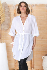 Rylee Tunic - Long Line Button Down Tunic in White