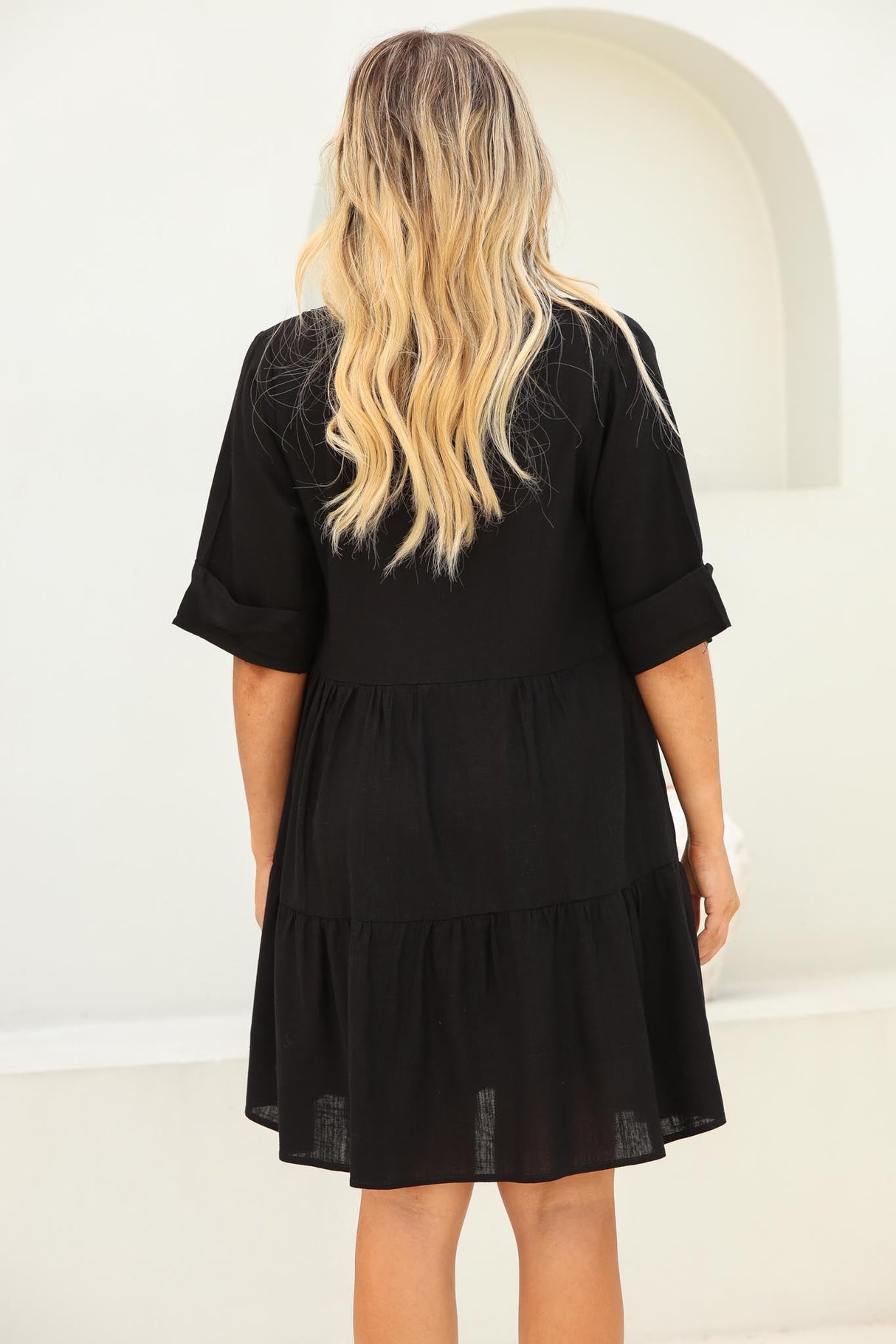 Ayva Mini Dress - 3/4 Sleeve Tiered Smock Dress in Black