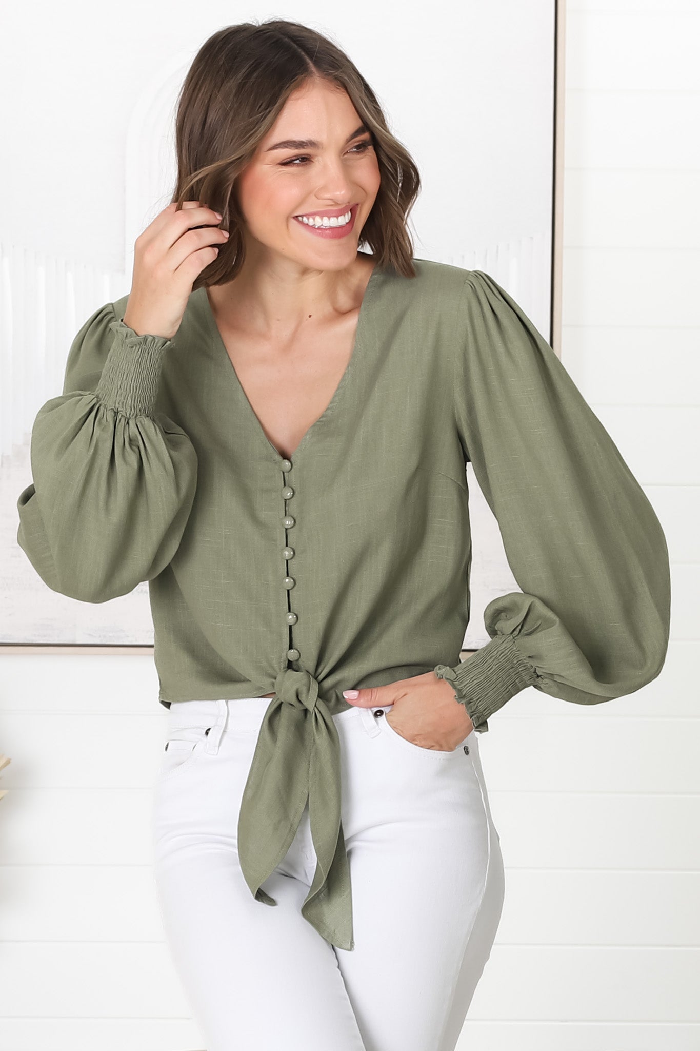 Amber Top - Button Down with Tie Detail Top in Green